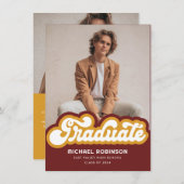 Rode Gouden Retro Afstuderen Fotoaankondiging Kaart (Voorkant / Achterkant)