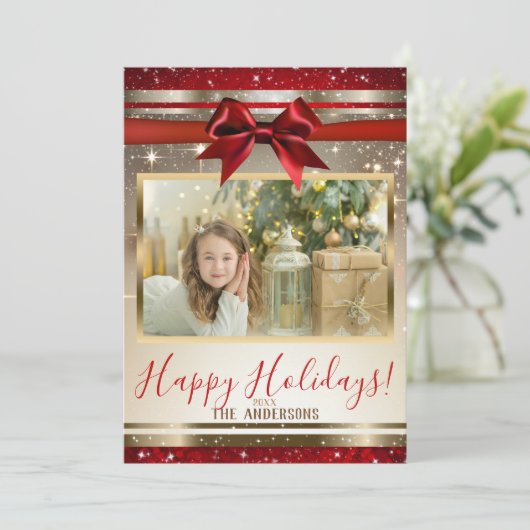 Rode Gouden Rode Boog Glans Vakantie Fotokaart Feestdagenkaart (Staand voorkant)