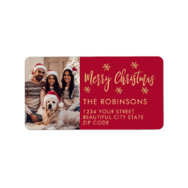 Rode Gouden Sneeuwvlok Foto Kerst Terug Adres Etiket