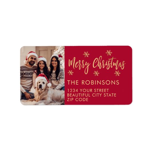 Rode Gouden Sneeuwvlok Foto Kerst Terug Adres Etiket (Voorkant)