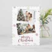 Rode Gouden Sneeuwvlok Foto Vrolijk Kerstmis Feestdagenkaart (Staand voorkant)