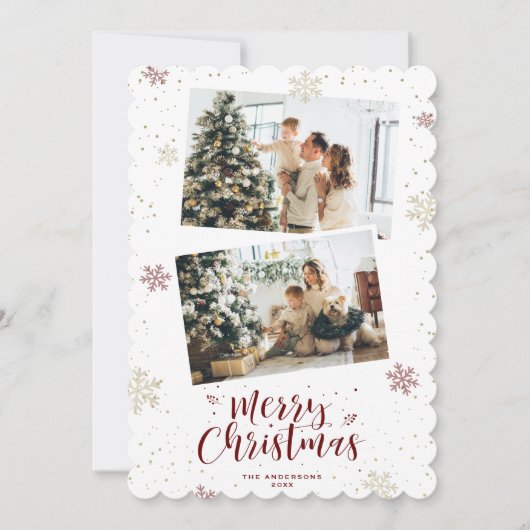 Rode Gouden Sneeuwvlok Foto Vrolijk Kerstmis Feestdagenkaart (Voorkant)