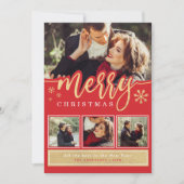 Rode Gouden Sneeuwvlok Kerst Foto Collage Feestdagenkaart (Voorkant)