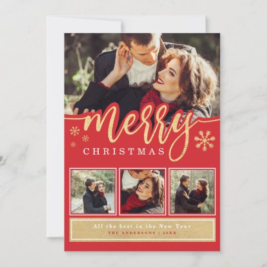 Rode Gouden Sneeuwvlok Kerst Foto Collage Feestdagenkaart (Voorkant)