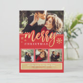 Rode Gouden Sneeuwvlok Kerst Foto Collage Feestdagenkaart (Staand voorkant)