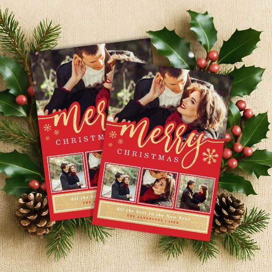 Rode Gouden Sneeuwvlok Kerst Foto Collage Feestdagenkaart