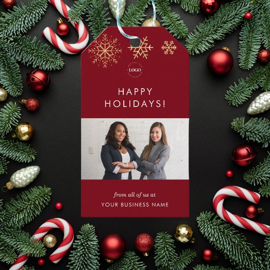 Rode & Gouden Sneeuwvlokken Bedrijf Team Foto Cadeaulabel