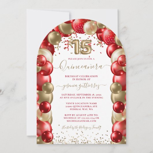 Rode Gouden Sparkle Quinceañera Ballon Uitnodiging (Voorkant)
