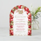 Rode Gouden Sparkle Quinceañera Ballon Uitnodiging (Staand voorkant)