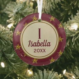 Rode Gouden Ster Eerste Vakantie Monogram Kerstmis Glas Ornament
