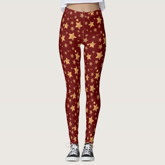 Rode Gouden Ster Traditioneel Retro Kerstpatroon Leggings (Voorkant)