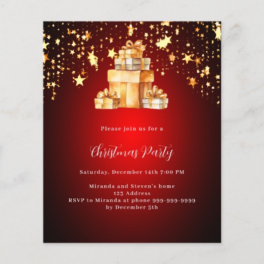 Rode gouden sterren cadeaus Kerstfeest uitnodiging (Voorkant)