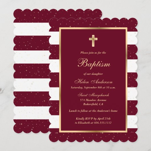 Rode gouden sterren gestreepte meisje doop kaart (Voorkant / Achterkant)