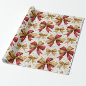 Rode Gouden Strikken Kerstmis Cadeaupapier (Uitgerold)
