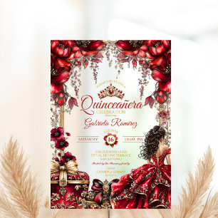 Rode Gouden Tiara Bloemen Quinceañera Acryl Uitnodigingen