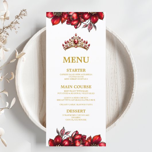 Rode Gouden Tiara Bloemrijke Quinceañera  Menu