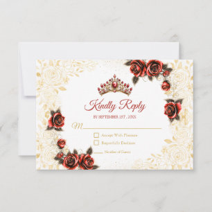 Rode Gouden Tiara Bloemrijke Roos Quinceañera RSVP Kaartje