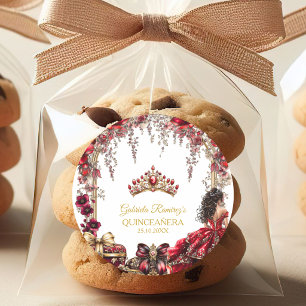 Rode Gouden Tiara Bloemstuk Quinceañera Ronde Sticker