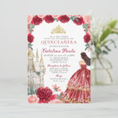 Rode Gouden Tiara Prinses Quinceañera Uitnodiging (Staand voorkant)