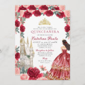 Rode Gouden Tiara Prinses Quinceañera Uitnodiging (Voorkant / Achterkant)