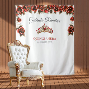 Rode Gouden Tiara Rozen Quinceañera Achtergrond Wandkleed