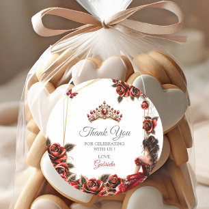 Rode Gouden Tiara Rozen Quinceañera Bedankt Ronde Sticker