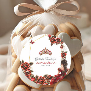 Rode Gouden Tiara Rozen Quinceañera Ronde Sticker