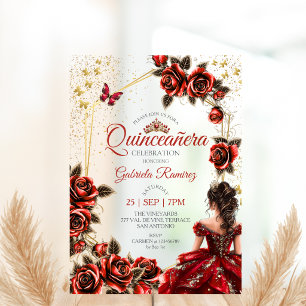 Rode Gouden Tiara Rozen Vlinder Quinceañera Acryl Uitnodigingen