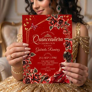 Rode Gouden Tiara Rozen Vlinder Quinceañera Kaart