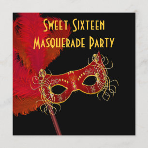 Rode Gouden Veer Masker Sweet 16 Maskerade Feest Kaart