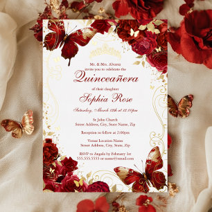 Rode Gouden Vintage Vlinder Bloemige Quinceanera Folie Uitnodiging