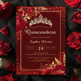Rode Gouden Vlinder Bloemige Quinceanera  Folie Uitnodiging