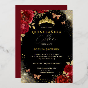 Rode Gouden Vlinder Roze Tiara Quinceanera  Folie Uitnodiging