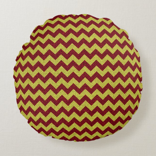 Rode & Gouden Zig Zag Glitters Rond Kussen (Voorkant)