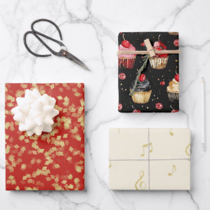 Rode Gouden Zwarte Muzieknoten Cupcakes Bruiloftsf Inpakpapier Vel