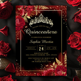 Rode Gouden Zwarte Vlinder Bloemige Quinceanera  Folie Uitnodiging