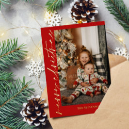 Rode goudkalligrafie Foto Merry kerst Folie Feestdagenkaart