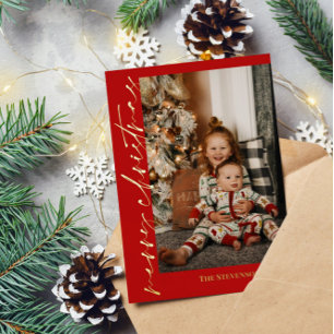 Rode goudkalligrafie Foto Merry kerst Folie Feestdagenkaart