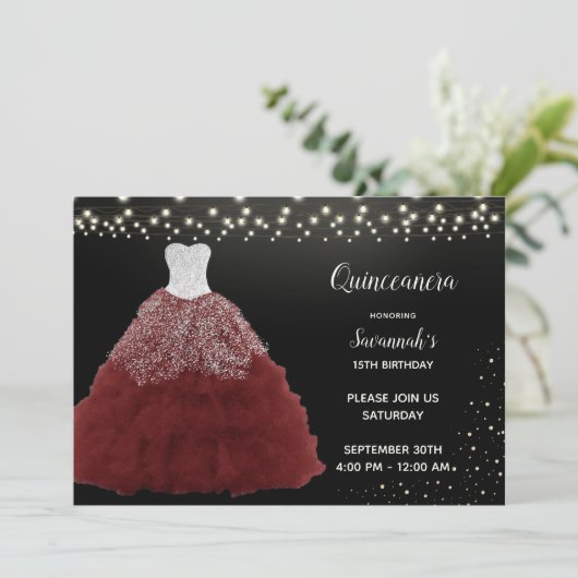 Rode Gown String Lights Quinceanera Kaart (Staand voorkant)