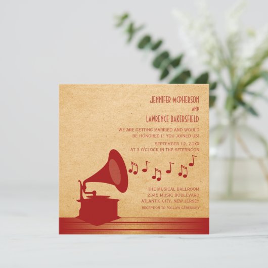 Rode  Gramophone Wedding Invite Kaart (Staand voorkant)
