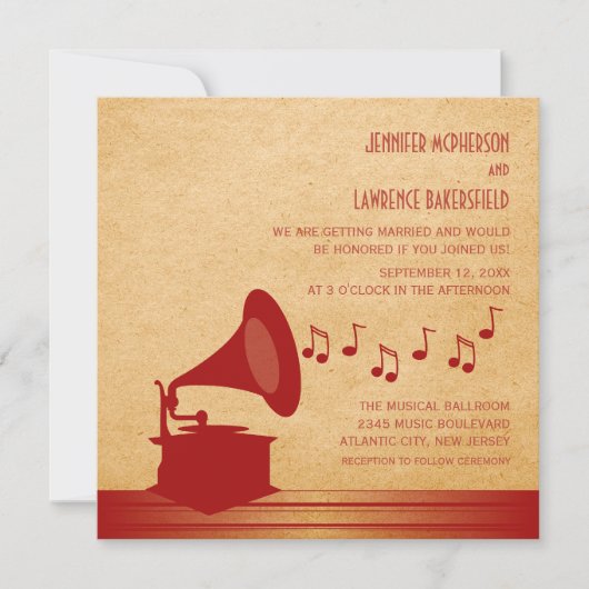 Rode  Gramophone Wedding Invite Kaart (Voorkant)