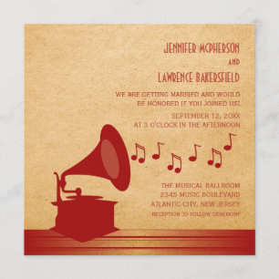 Rode  Gramophone Wedding Invite Kaart
