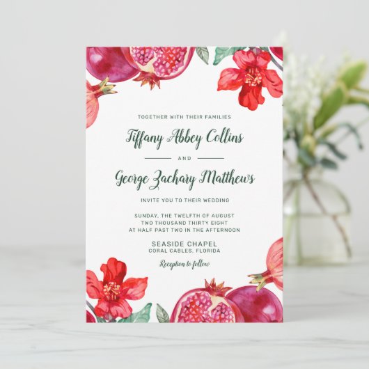 Rode granaatappel bruiloft kaart (Staand voorkant)