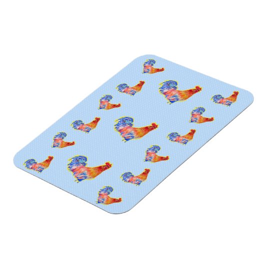 Rode Grappige Haan Cockerel Blauwe en Witte Vlekke Magneet (Linkerzijde)
