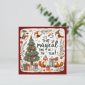 Rode grens Schattigee kerstbos roodborstjes en vos Feestdagenkaart (Staand voorkant)