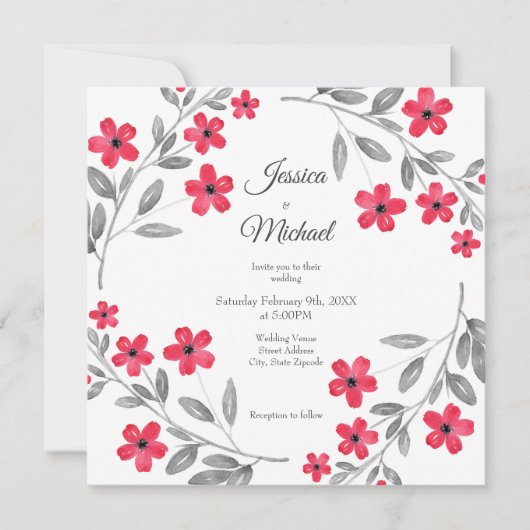 Rode grijze aquarel bloemenkrans kaart (Voorkant)