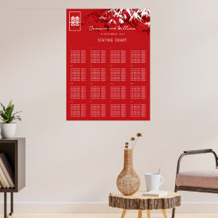 Rode & grijze bamboe-bladeren Aziatische trouwstoe Poster