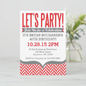 Rode Grijze Moderne Heringbone Verjaardagsuitnodig Kaart (Staand voorkant)