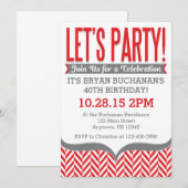 Rode Grijze Moderne Heringbone Verjaardagsuitnodig Kaart (Voorkant / Achterkant)