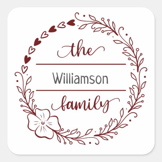 Rode grijze monogram Familienaam Floral Wreath Vierkante Sticker (Voorkant)